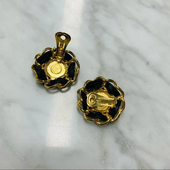 Chanel Costume Gold Clip On Earrings with Leather - Picture 4 of 7